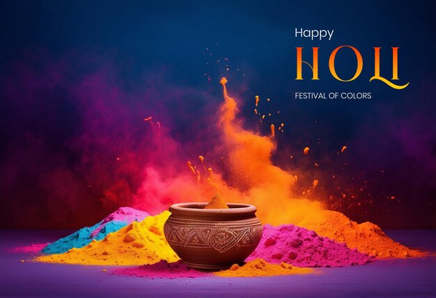 PSD holi festival concept colors with decorated clay pot on dark blue background