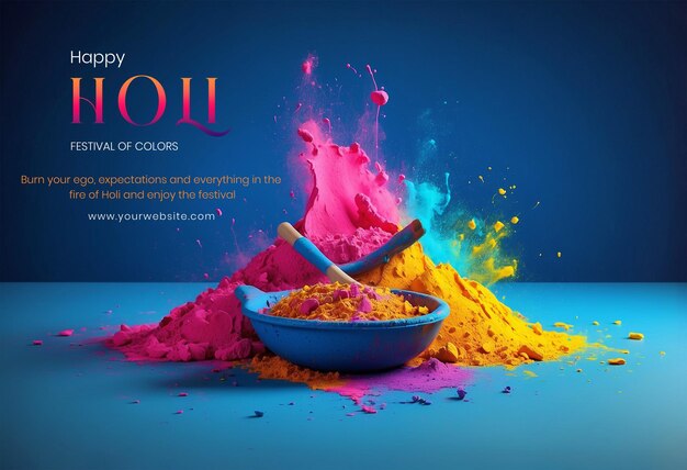 PSD holi festival concept colors with decorated clay pot on middle of the canvas on blue background