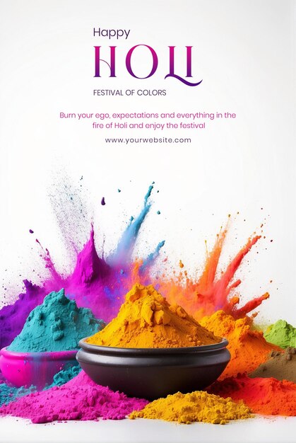 PSD holi festival concept holi multicolor powder explosions with clay pot on white canvas background