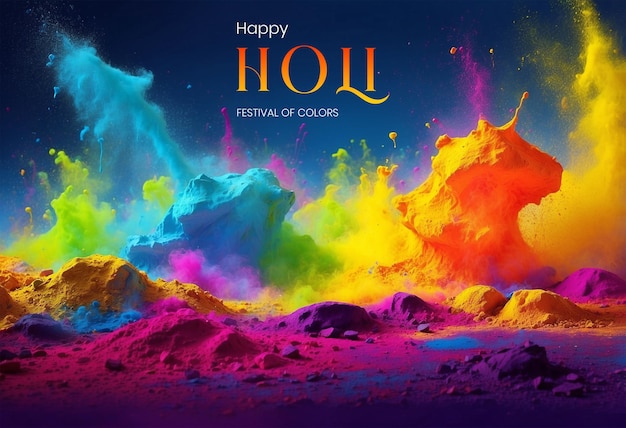 Holi festival concept multicolor explosions on full canvas on dark blue and purple background