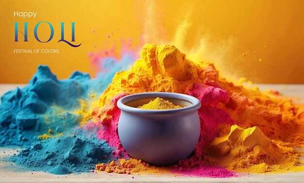 PSD holi festival concept multicolor powder explosions on light yellow background with clay pots