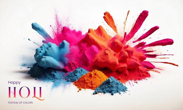 Holi festival concept multicolor powder explosions on white background