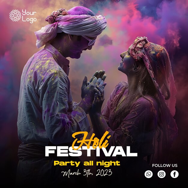 holi festival social media post template design