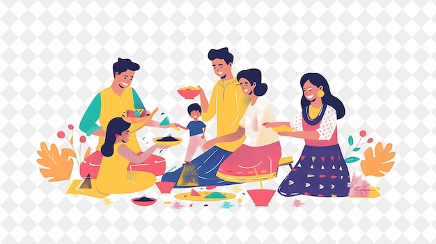 Holi Festival With Families Sharing Festive Meals Design Is PNG Festival 2D Flat Art Illustrations