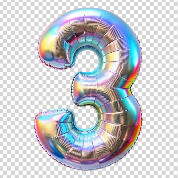 Hologram metallic number 3 balloon Isolated on transparent background