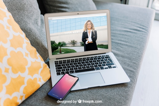 Home office concept with laptop on couch