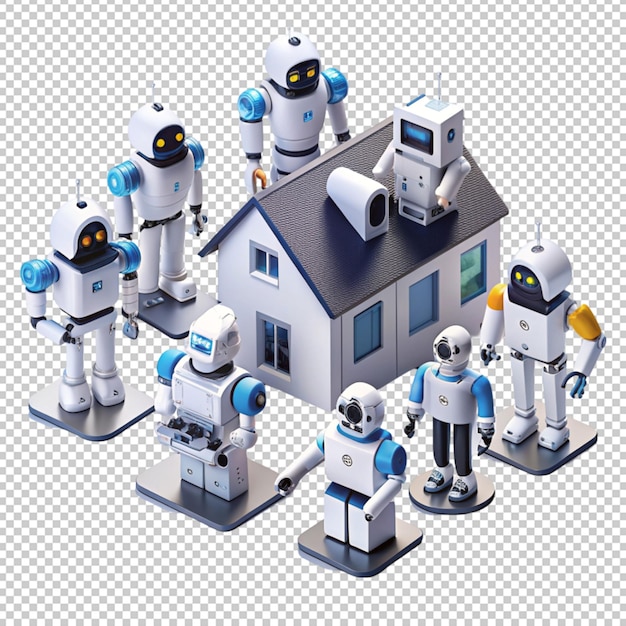 PSD home robots isometric collection isolated on transparent background