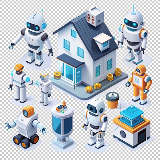 PSD home robots isometric collection isolated on transparent background