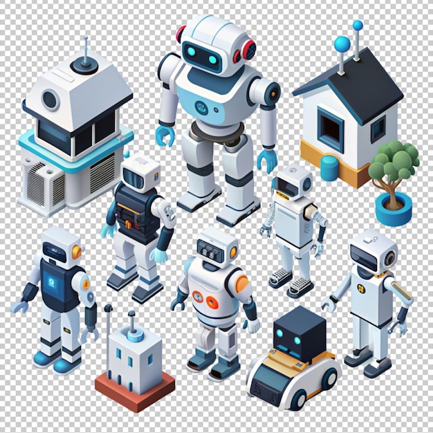 PSD home robots isometric collection isolated on transparent background