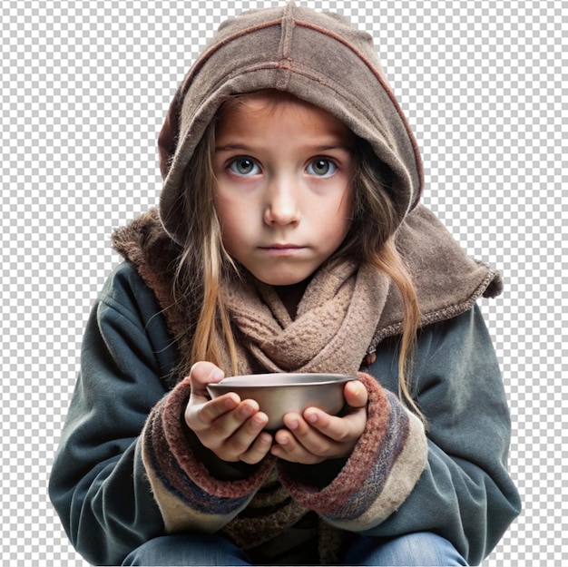 PSD homeless girl kid begging isolated on transparent background