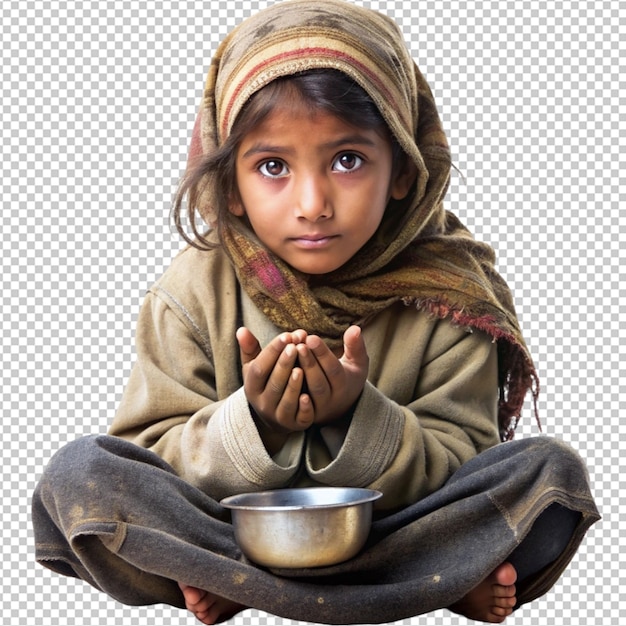 PSD homeless girl kid begging isolated on transparent background