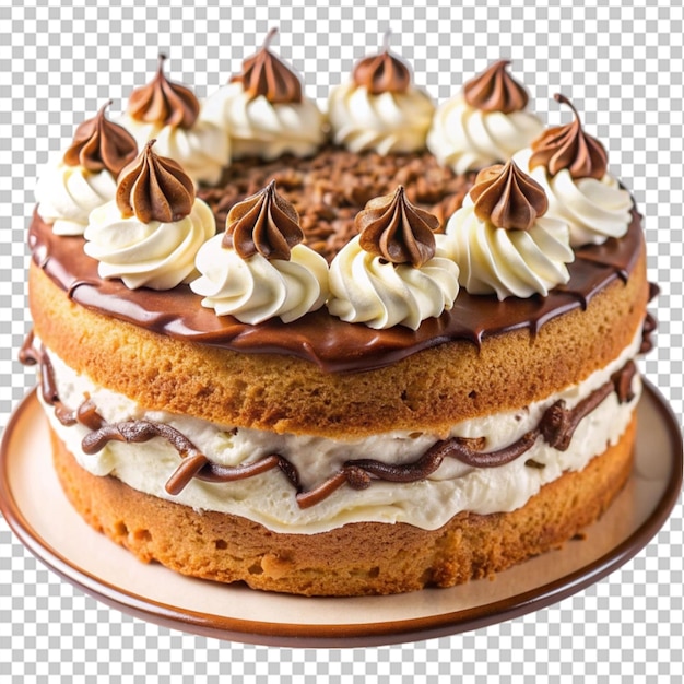 homemade cake with whipped cream and chocolate on transparent background