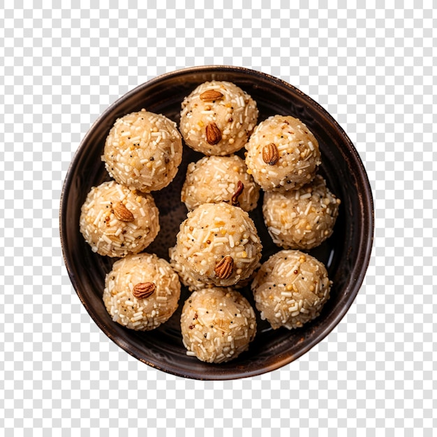 PSD homemade coconut sweet laddu on a bowl with white background