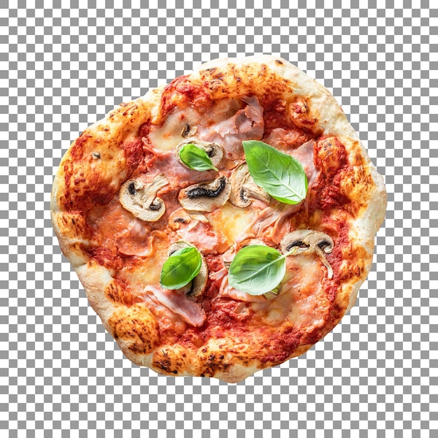 Homemade pizza with mushrooms and bacon on transparent background