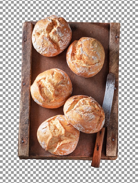 Homemade potato buns on a wooden box with transparent background