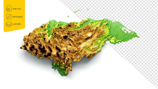 Honduras Map Shaded relief Color Height map on isolated Background 3d illustration