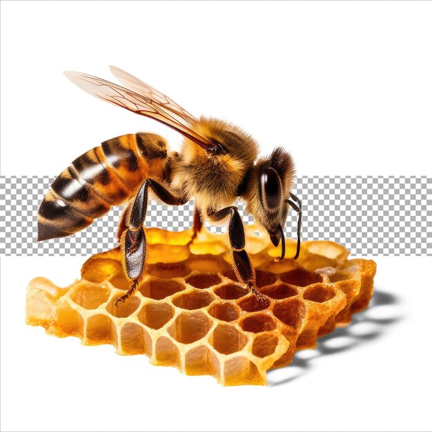 Honey bee in honeycomb on transparent background bee walking on honey comb generative ai