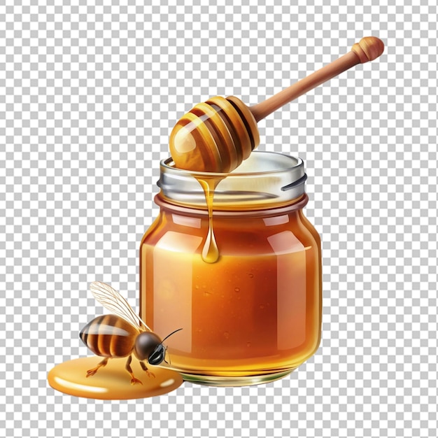 Honey dripping from dipper stick with honeybee in glass jar realistic design concept isolated on al