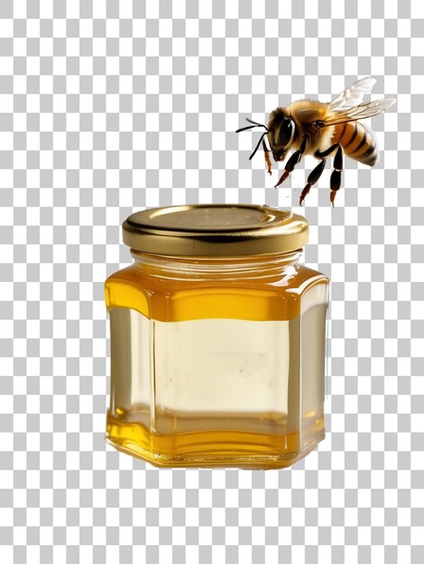 a honey jar with a bee flying around it and a honey jar