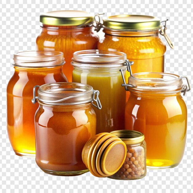 PSD honey jars with honey wooden dipper on transparent background