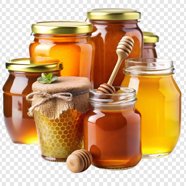 PSD honey jars with honey wooden dipper on transparent background