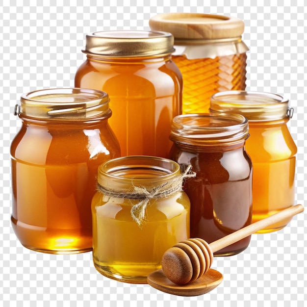 PSD honey jars with honey wooden dipper on transparent background