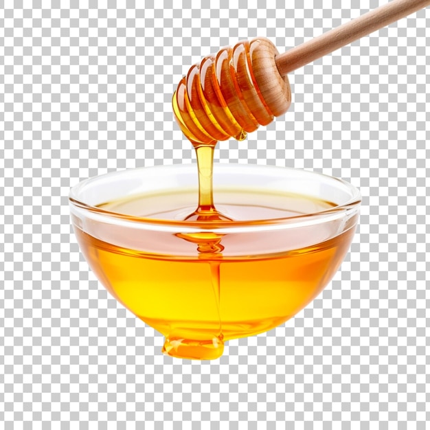 honey stick and bowl of pouring honey isolated on a transparent background