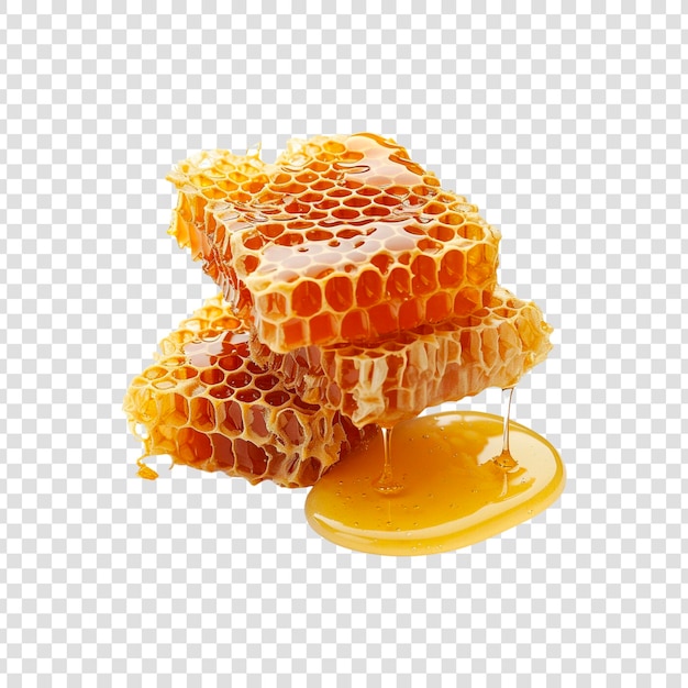 Honeycomb is on a transparent background with honey dripping