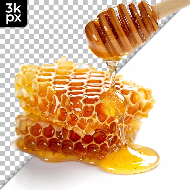 a honeycomb with honey dripping and a beehive being poured into it