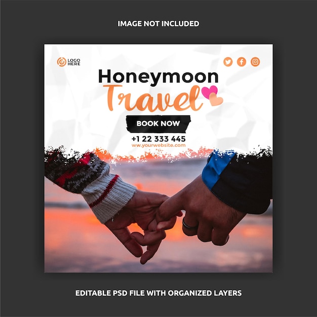 Honeymoon travel square post social media banner design template