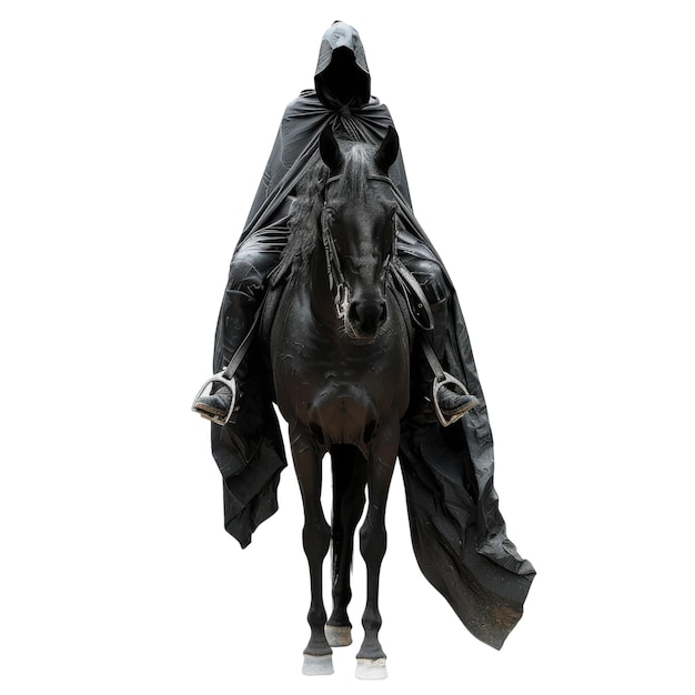 PSD hooded figure riding a black horse