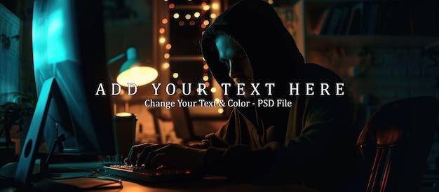 PSD hooded hacker typing late at night