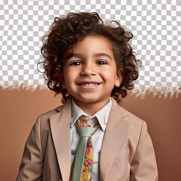 A Hopeful Preschooler boy with Wavy Hair from the Native American ethnicity dressed in Sales Manager attire poses in a Back to Camera with Turned Head style against a Pastel Cream backgroun