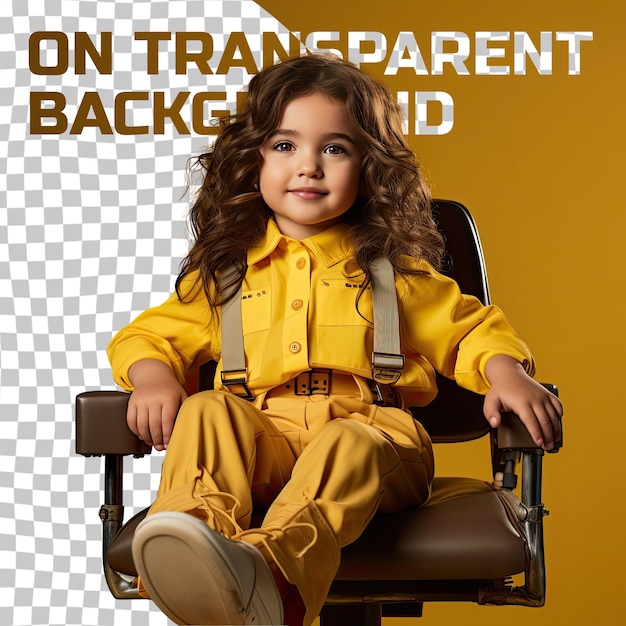 A Hopeful Preschooler girl with Wavy Hair from the Mongolic ethnicity dressed in Industrial Engineer attire poses in a Full Length with a Prop like a Chair style against a Pastel Lemon back