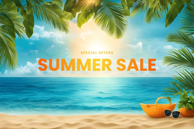 Horizontal banner template advertising a summer sale canopy of vibrant tropical foliage