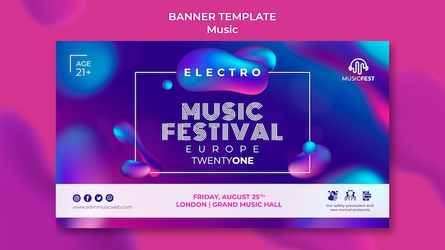 Horizontal banner template for electro music festival with neon liquid effect shapes