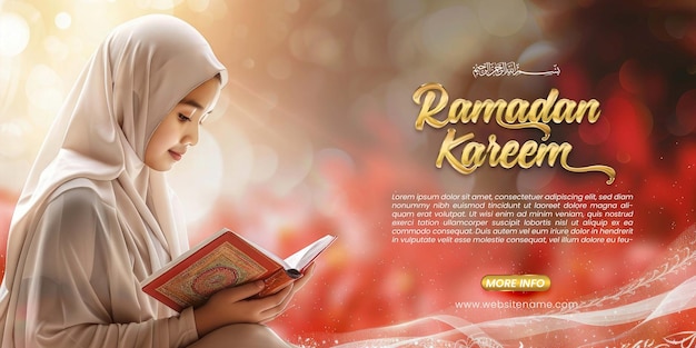 Horizontal banner template for islamic festive with a girl reading Quran social media banner