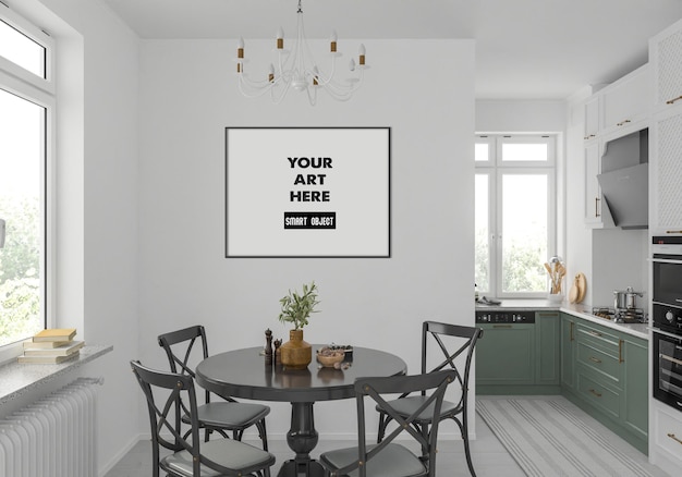 Horizontal black frame mockup in kitchen