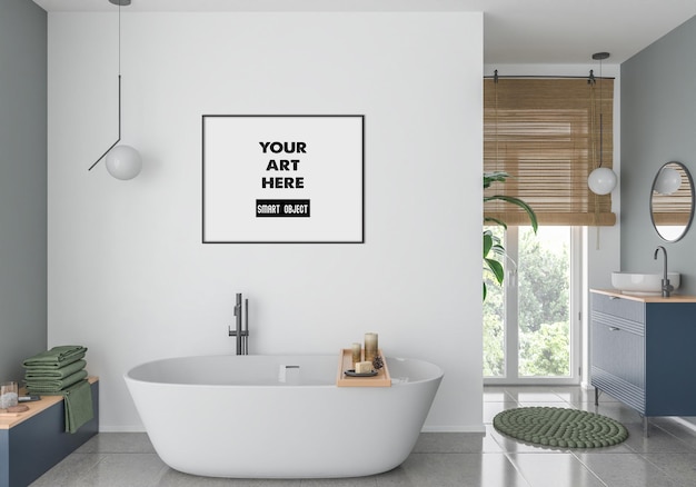 PSD horizontal frame mockup in bathroom