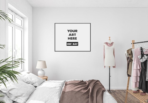 Horizontal frame mockup bedroom scene