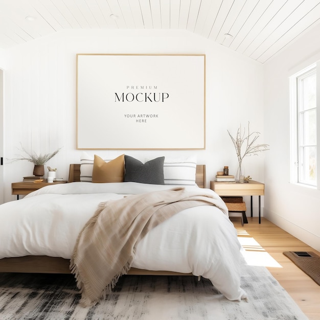 Horizontal picture frame mockup in a American style country house bedroom