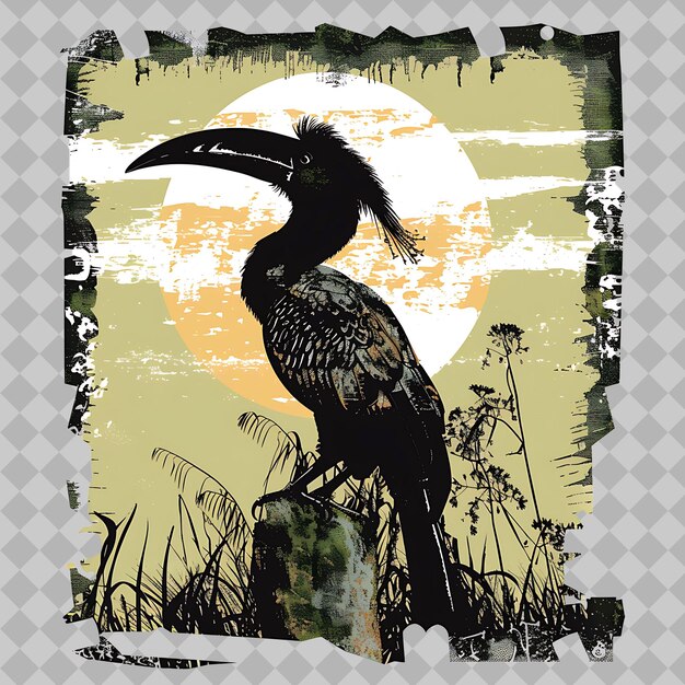 PSD hornbill inside a silhouette rectangle wetland adorned with png watercolor wild life collections