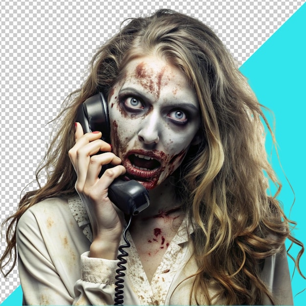 horror zombie woman calling on phone on transperent background