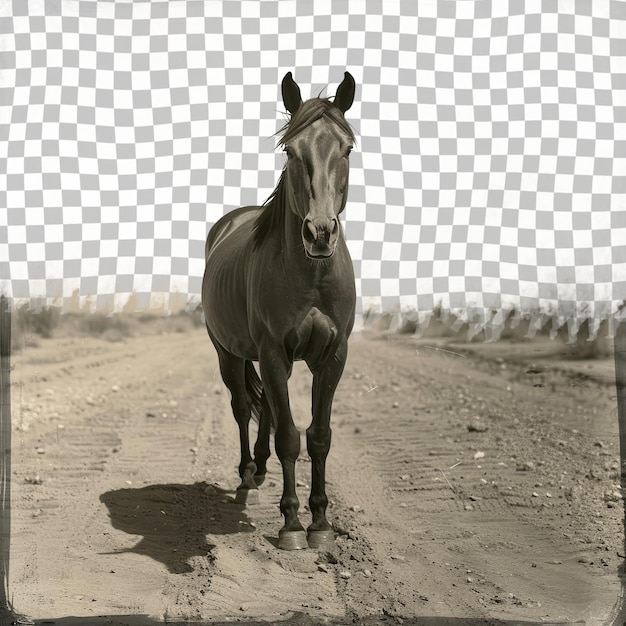 a horse is standing on a dirt road with a picture of a horse on it