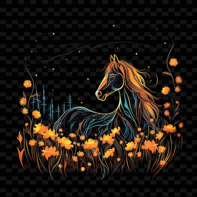 Horse Meadow Harmony Swooping Neon Lines Sunflowers Mane on PNG Y2K Shapes Transparent Light Arts