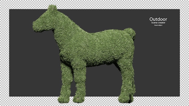 Horse shaped garden hedges in 3d rendering isolated