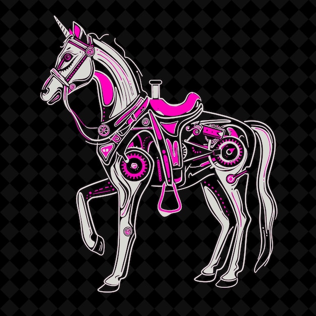 a horse with a pink and purple body and purple saddle