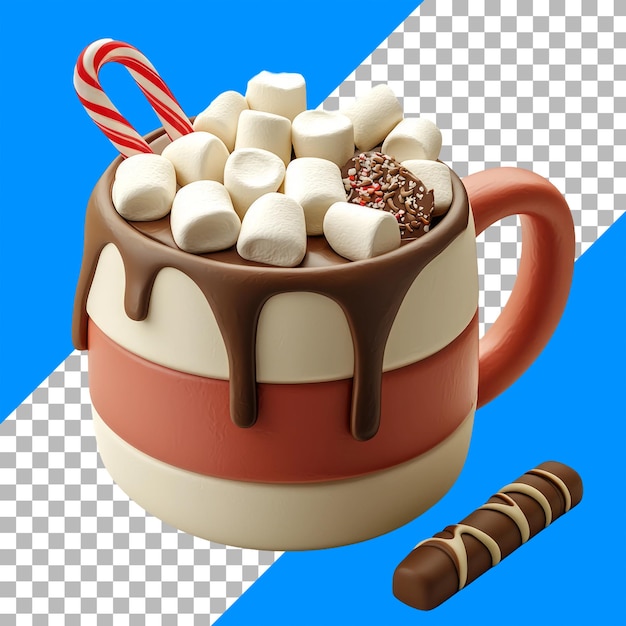 PSD hot chocolate mug with marshmallows and candy cane on checkered background