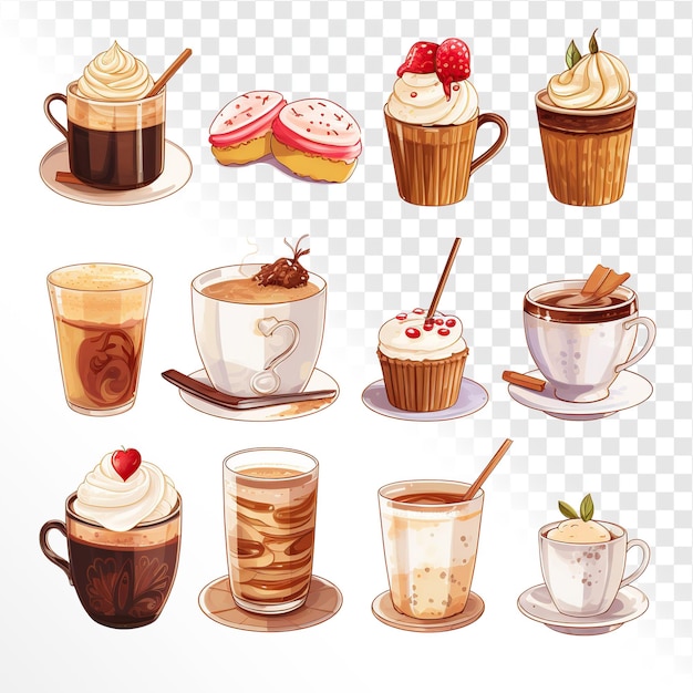 PSD hot coffee hot tea hot chocolate with cookies and cake etc on white background