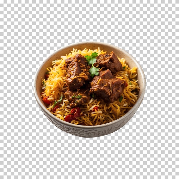 PSD a hot delicious bowl of beef biryani with beef pieces isolated on transparent background